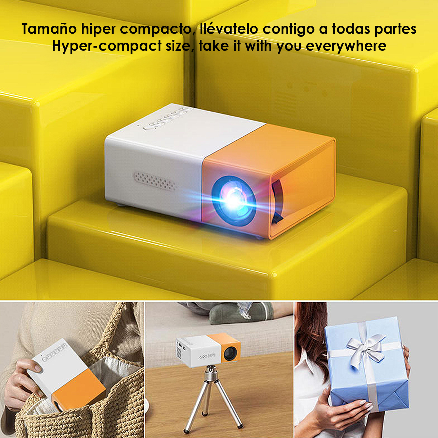 Un pequeño proyector blanco y naranja está sobre una superficie amarilla. El texto superior dice: 'Tamaño hiper compacto, llévatelo contigo a todas partes'.