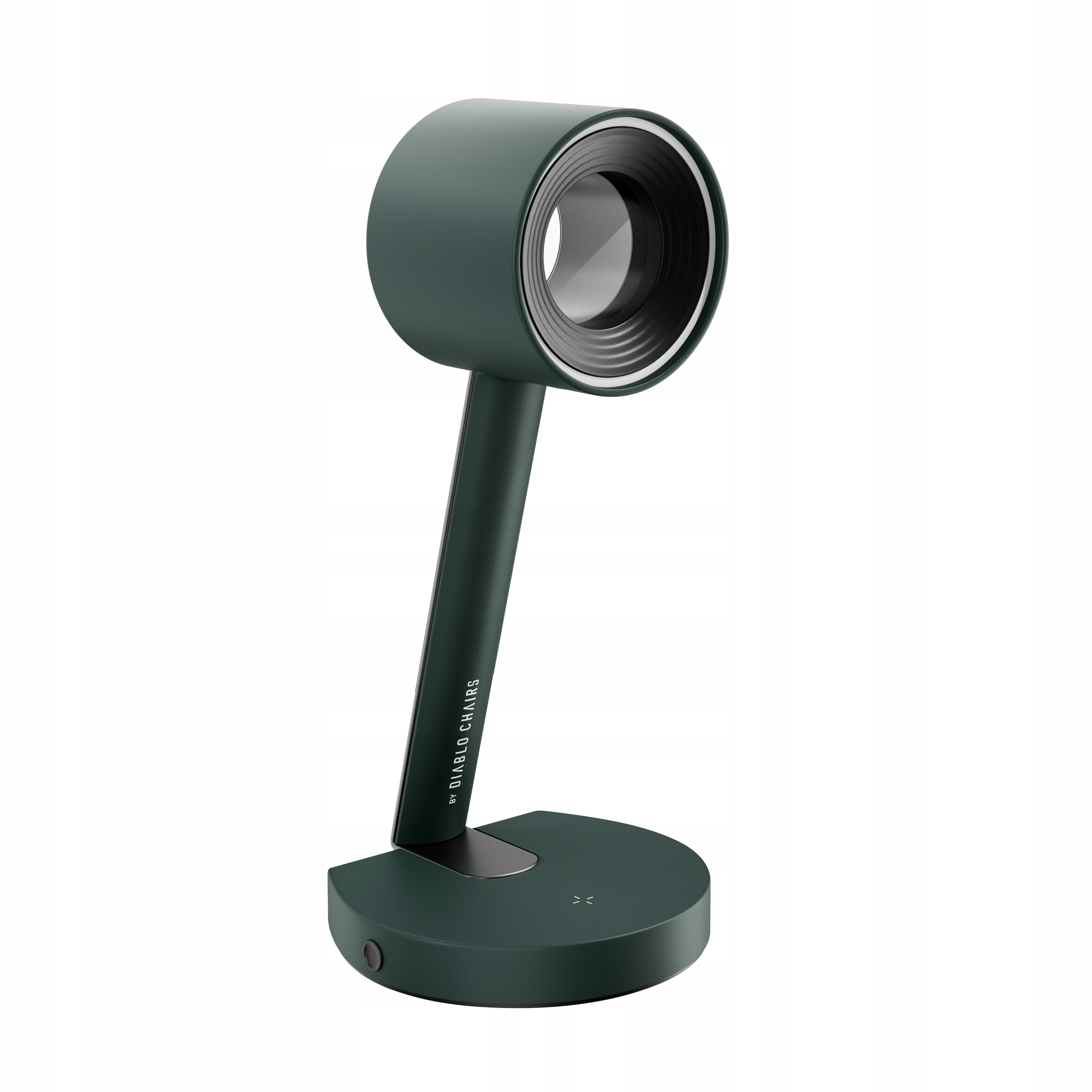 Una lampada da scrivania verde scuro. Ha una base rotonda, un lungo stelo e una testa cilindrica con luce ad anello.