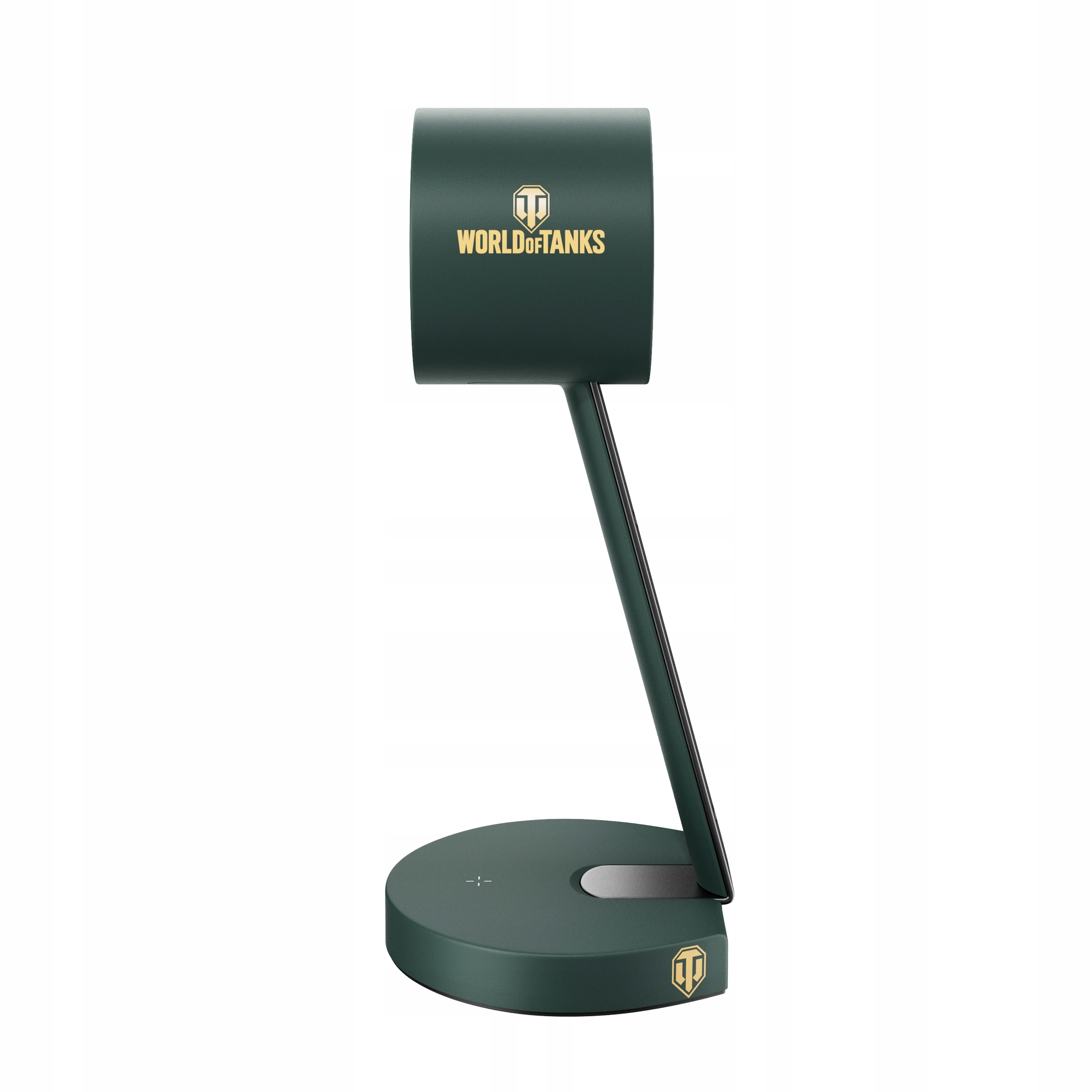 Caricatore wireless verde con logo World of Tanks. Ha una base, un supporto e una sezione superiore.