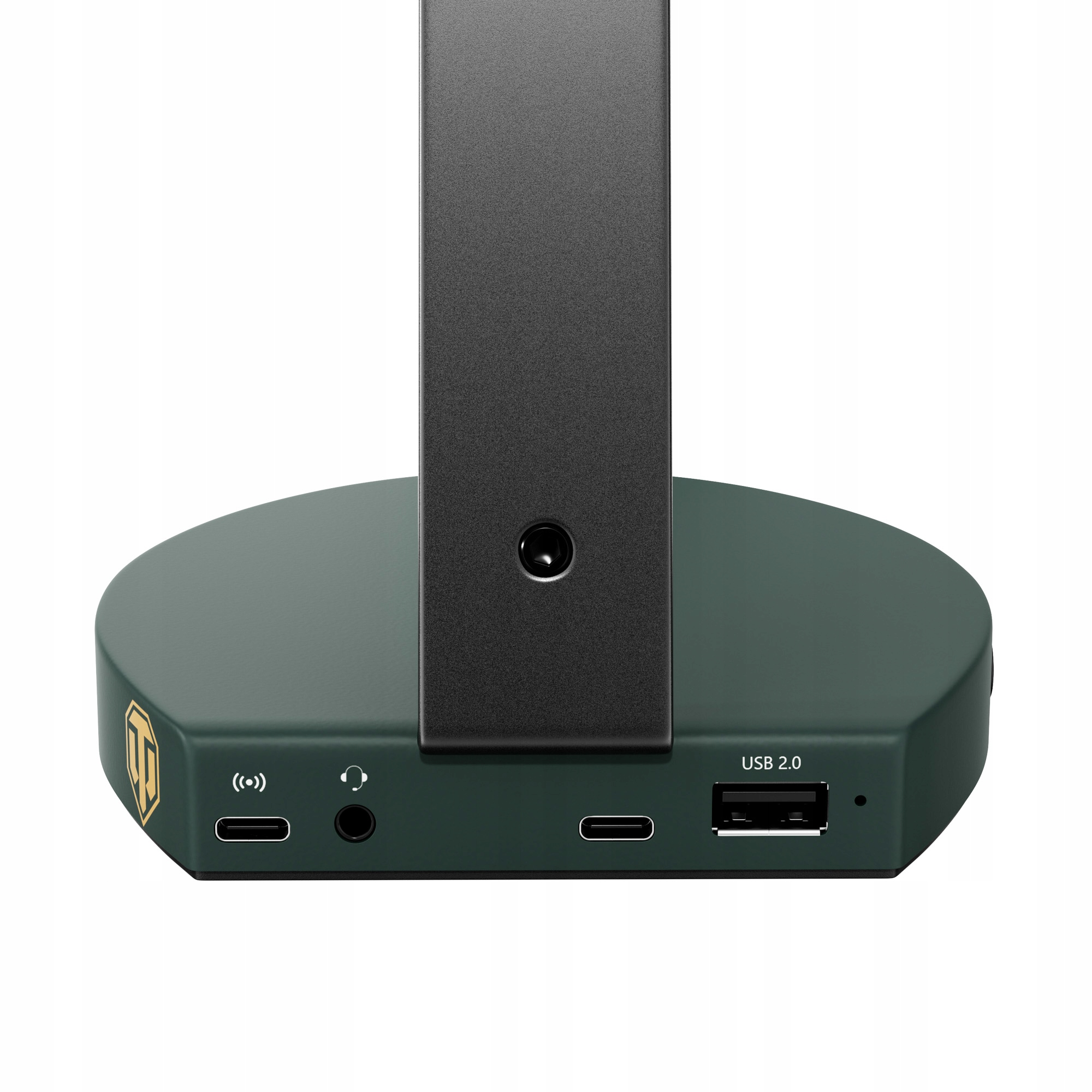 Un dispositivo verde scuro con un supporto nero. Ha una porta USB, un jack per cuffie e altre porte. Sfondo bianco.