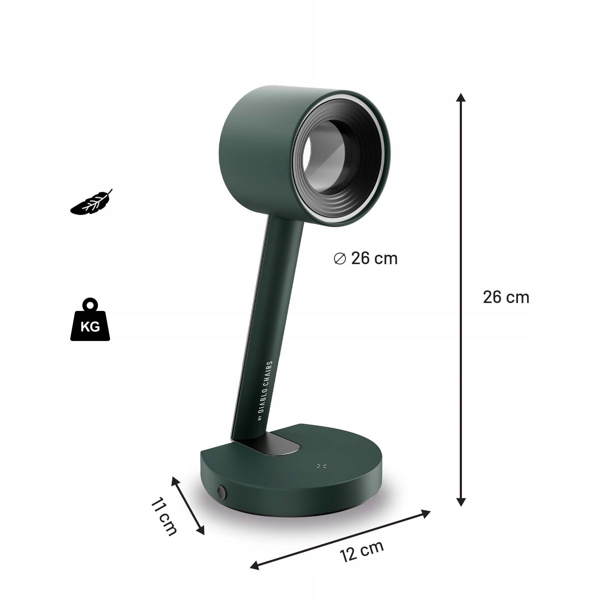 Una lampada da scrivania verde con testa e base rotonde. Sono fornite le dimensioni. Viene visualizzata un'icona di piuma e peso.