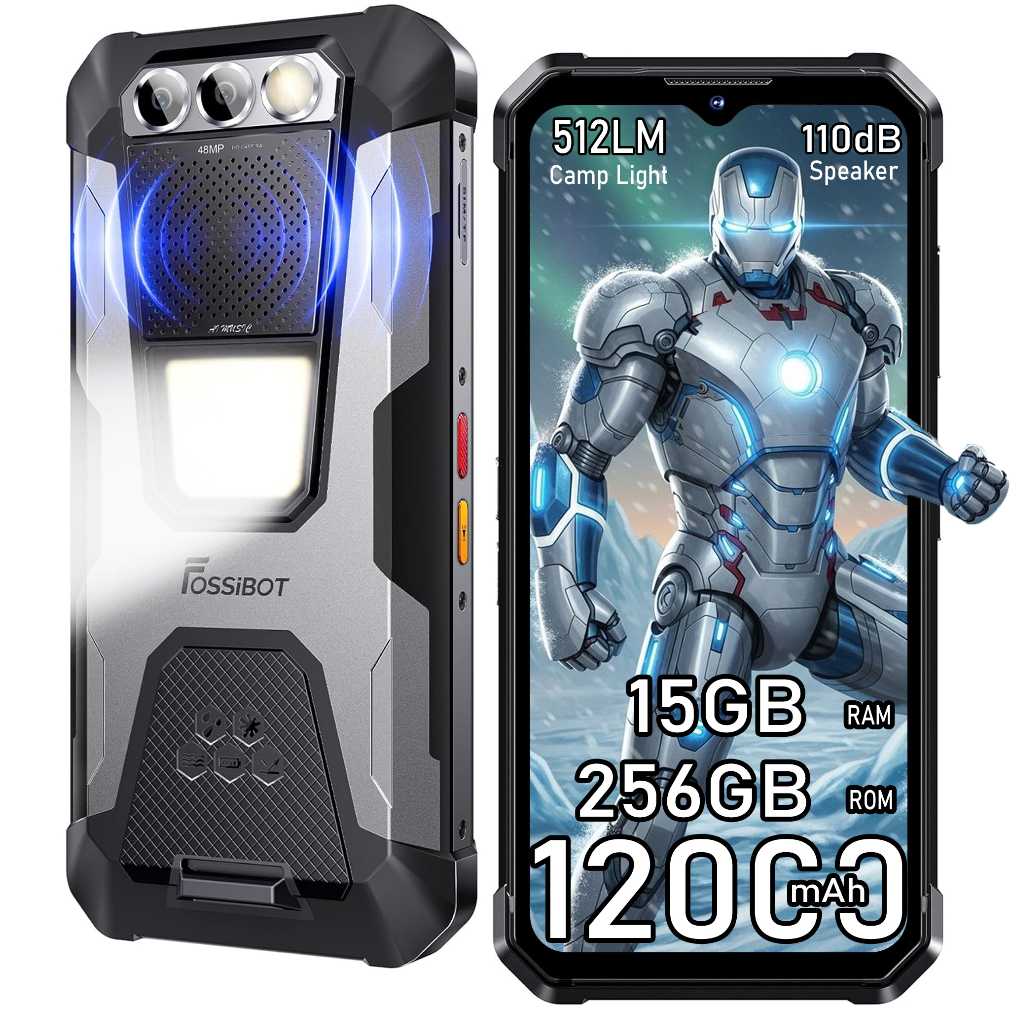 Uno smartphone robusto con schermo che mostra una figura simile a Iron Man. Ha tre fotocamere, un flash e il marchio.