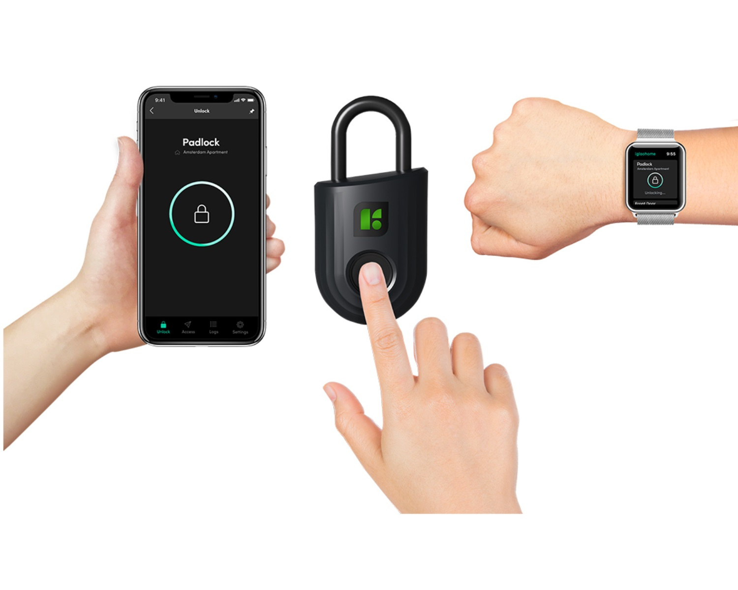Hände interagieren mit Smartphone, Vorhängeschloss und Smartwatch, alle mit Entsperroberflächen. Finger berührt das Schloss.