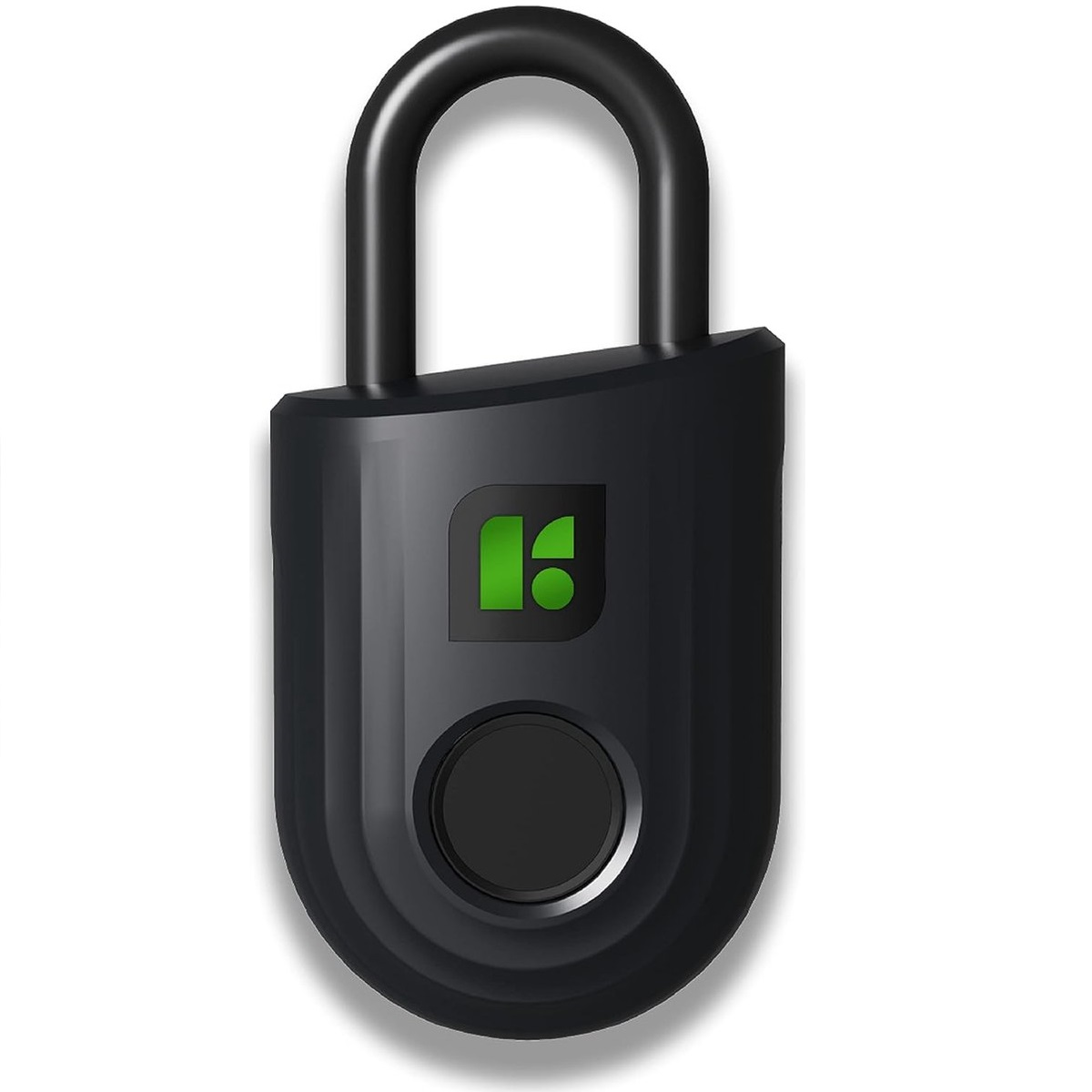 Ein schwarzes Vorhängeschloss mit Fingerabdrucksensor. Es hat ein grünes Logo. Der Hintergrund ist weiß.