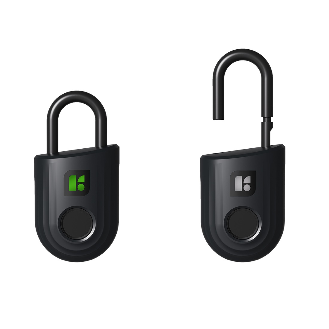 Zwei schwarze Vorhängeschlösser auf weißem Grund. Eines ist verriegelt, das andere entriegelt. Jedes hat einen Fingerabdrucksensor und ein Logo.