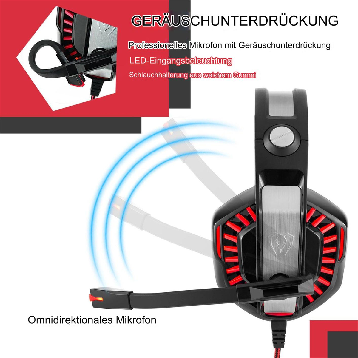 Schwarzes Gaming-Headset mit roten Akzenten, Mikrofon und Kabel. Text enthält 'Geräuschunterdrückung' und 'LED-Beleuchtung'.