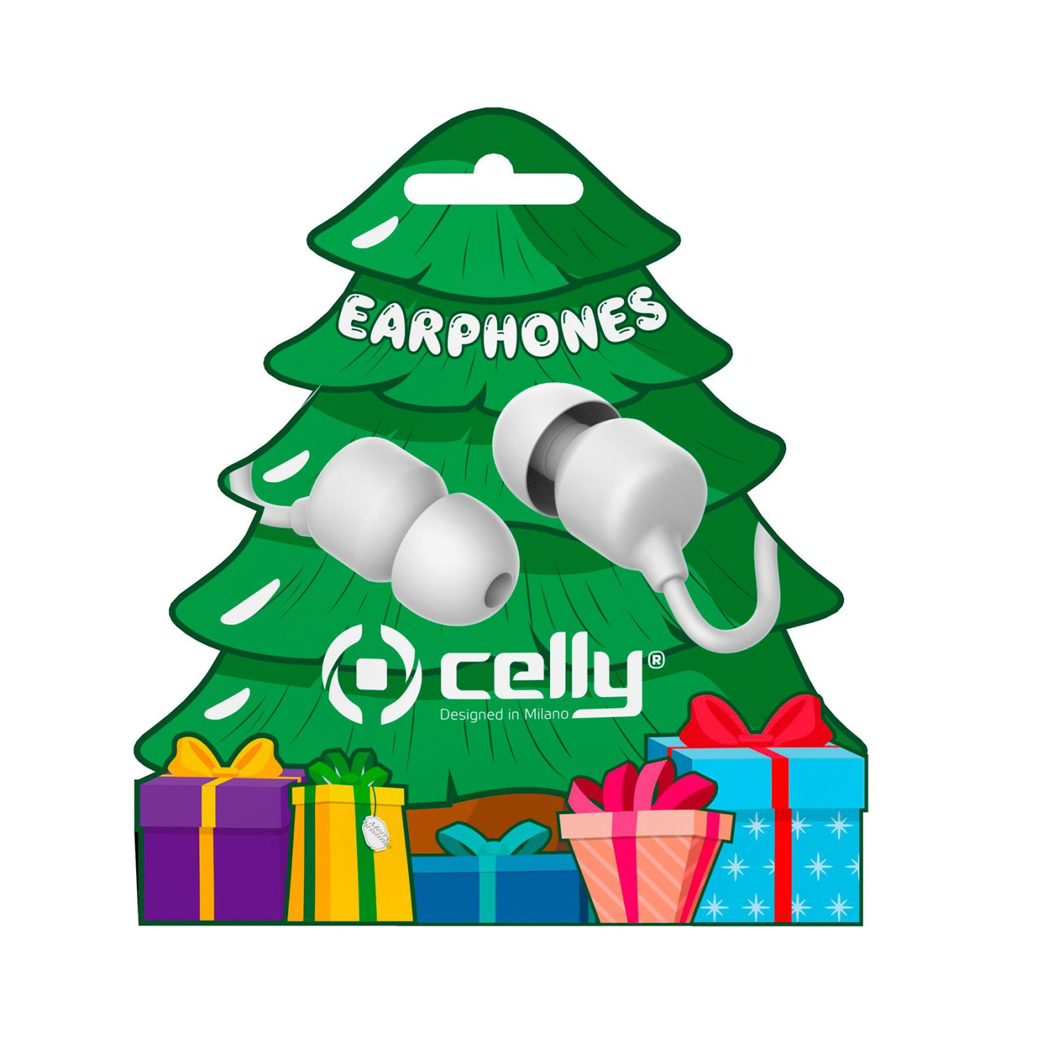 Auricolari in una confezione a forma di albero di Natale con scatole regalo sottostanti. Sono visualizzati auricolari bianchi. Il marchio 'celly' è visibile.