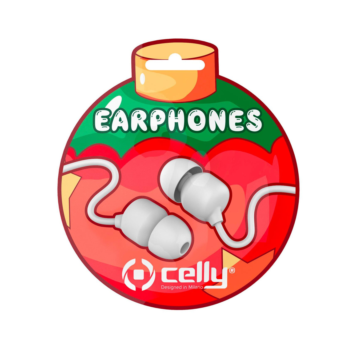 L'immagine è una pubblicità stilizzata di auricolari. Presenta auricolari bianchi su sfondo rosso e verde, con la parola 'EARPHONES'.