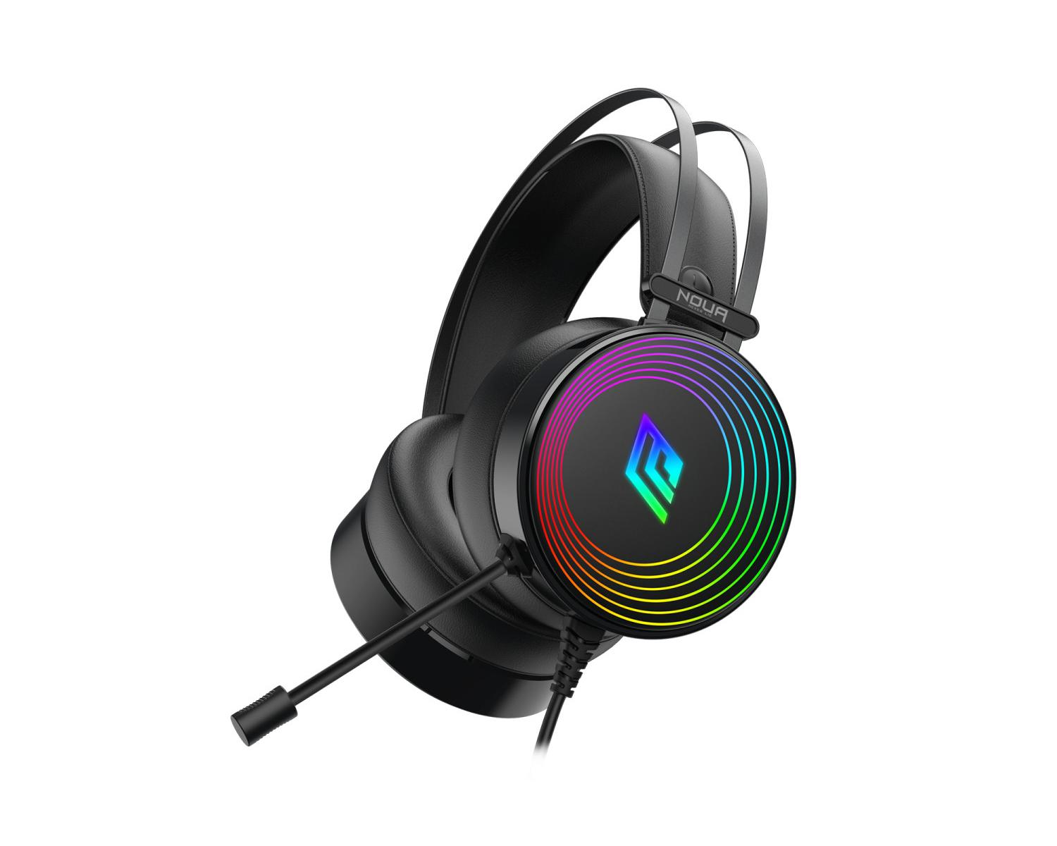 Cuffie da gioco nere con logo arcobaleno e microfono. Il nome del marchio è visibile sull'archetto.