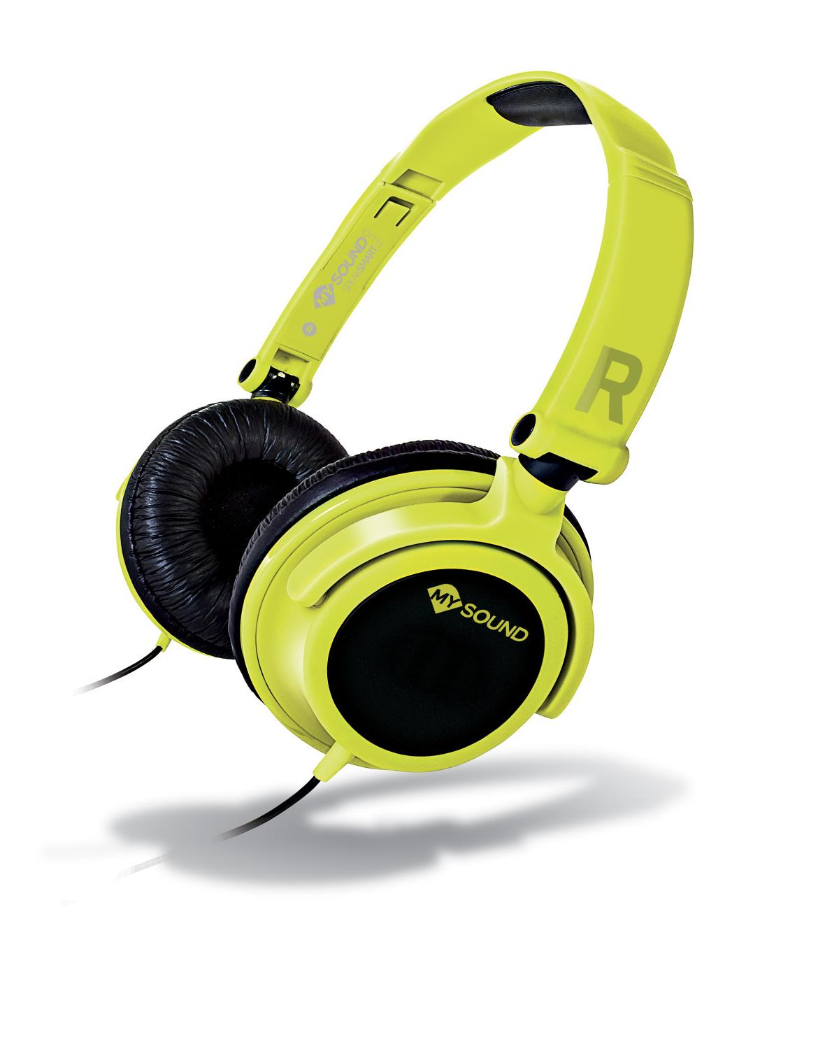Cuffie verde lime con padiglioni neri. Il padiglione destro ha una 'R', il sinistro 'MY SOUND'. I cavi scendono.