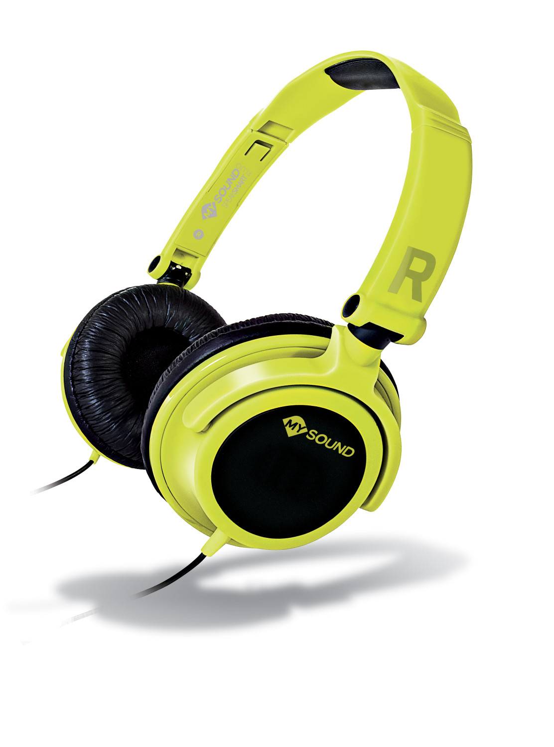 Cuffie verde lime con padiglioni neri e la scritta "MY SOUND" sul lato. La lettera "R" è sull'archetto.