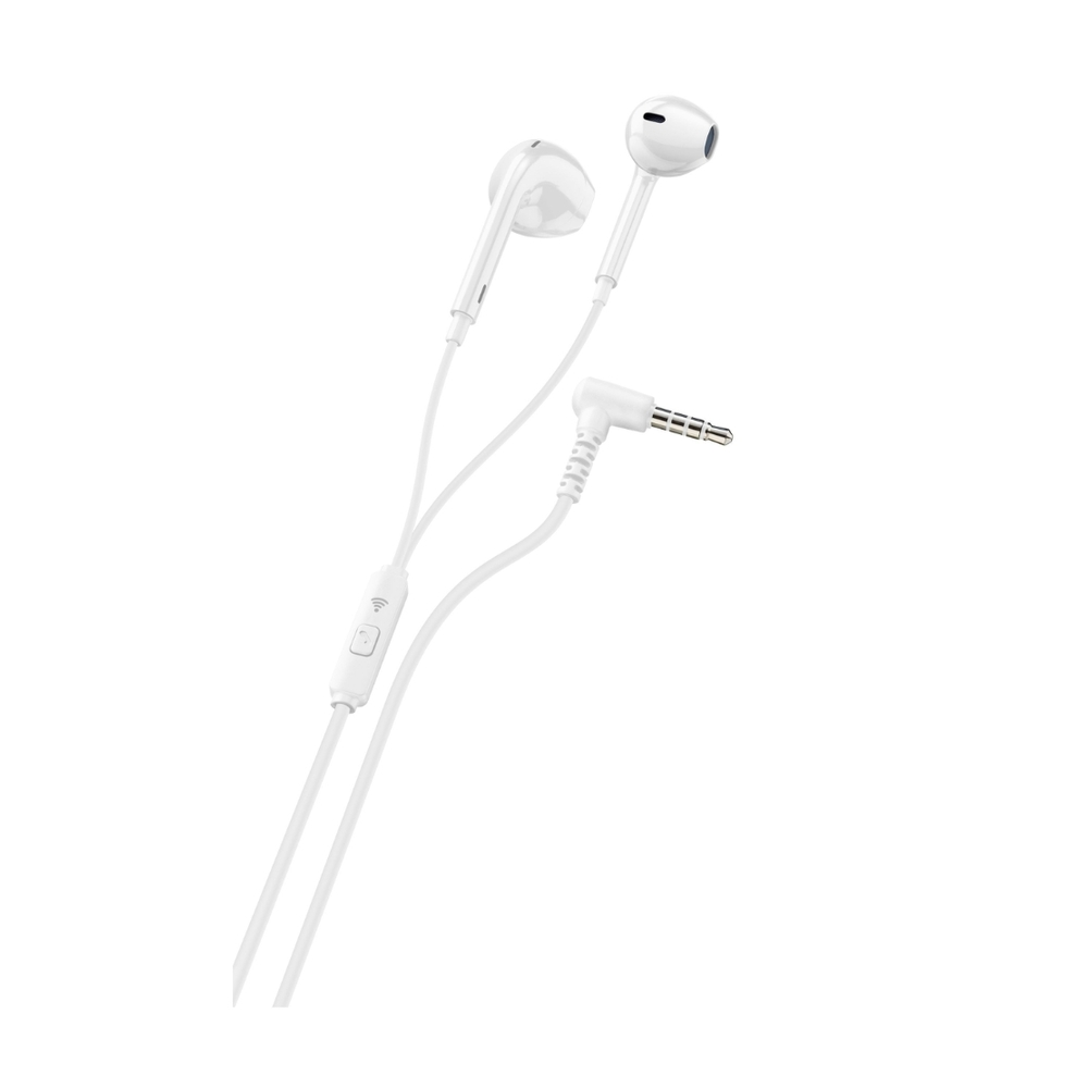 White wired earbuds with a built-in microphone and control buttons. The jack is angled. The background is white.