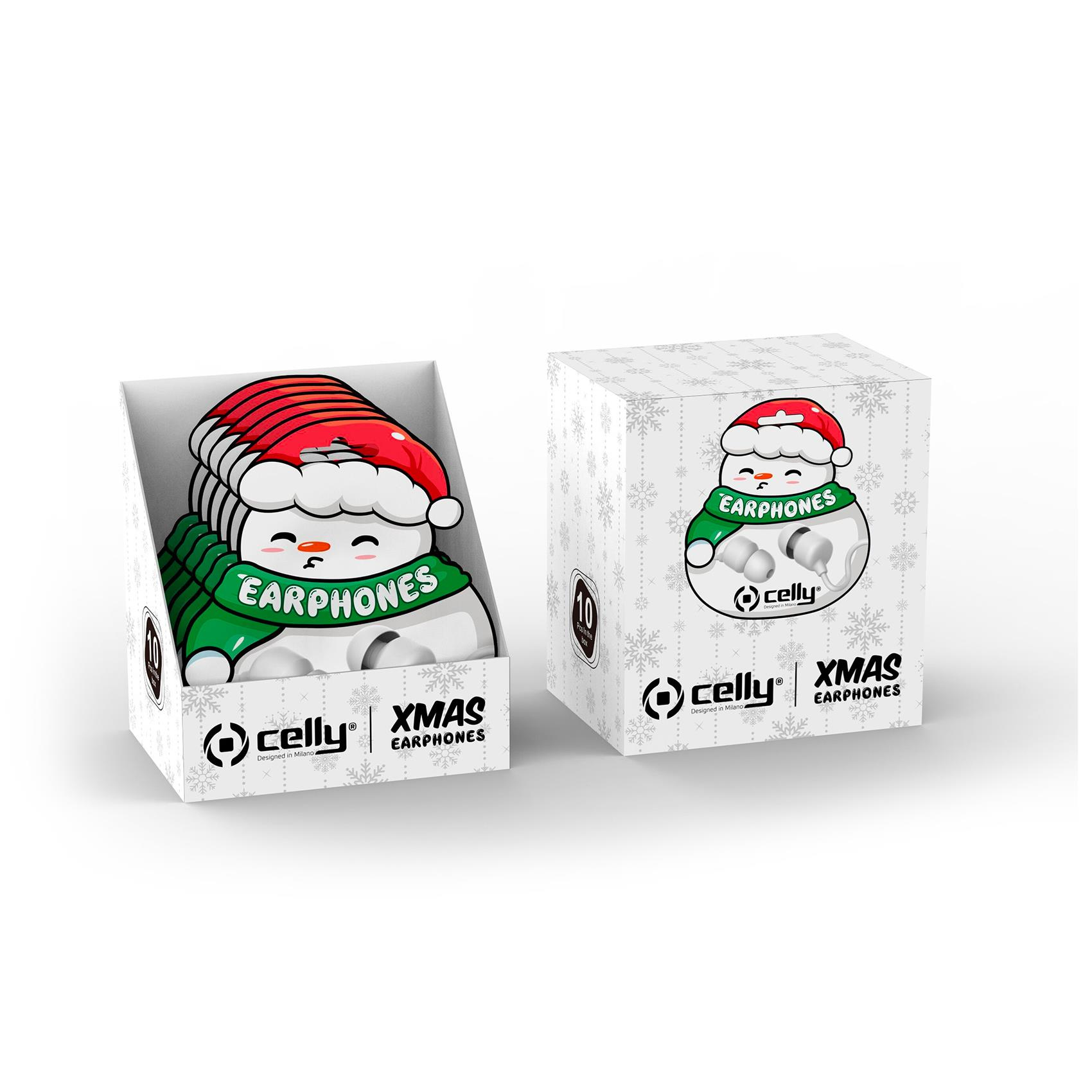 Scatole per auricolari con design a pupazzo di neve. Una scatola aperta e una chiusa con il marchio 'celly' e 'XMAS EARPHONES'.