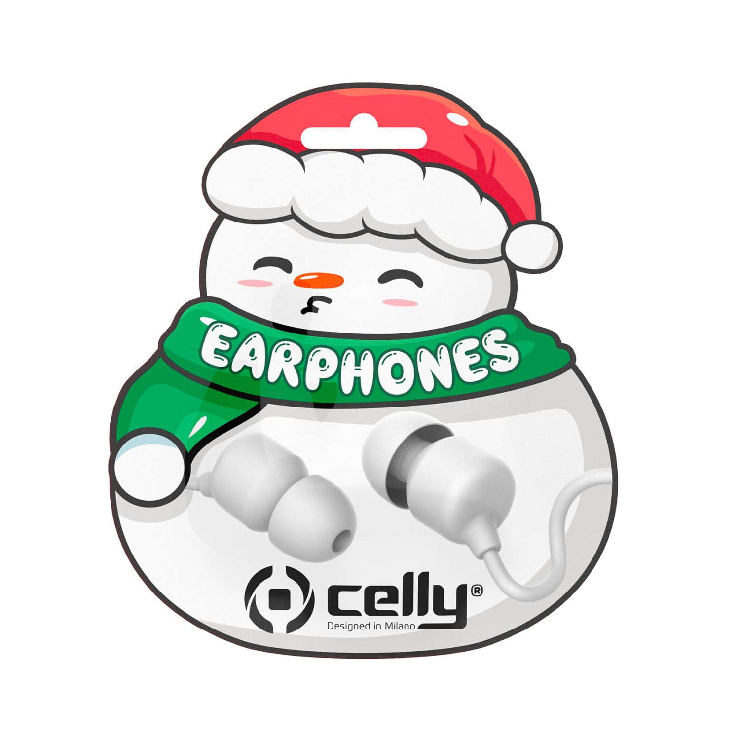 Un pupazzo di neve con cappello da Babbo Natale e sciarpa verde mostra auricolari. Gli auricolari sono bianchi, con il marchio 'celly' sotto.