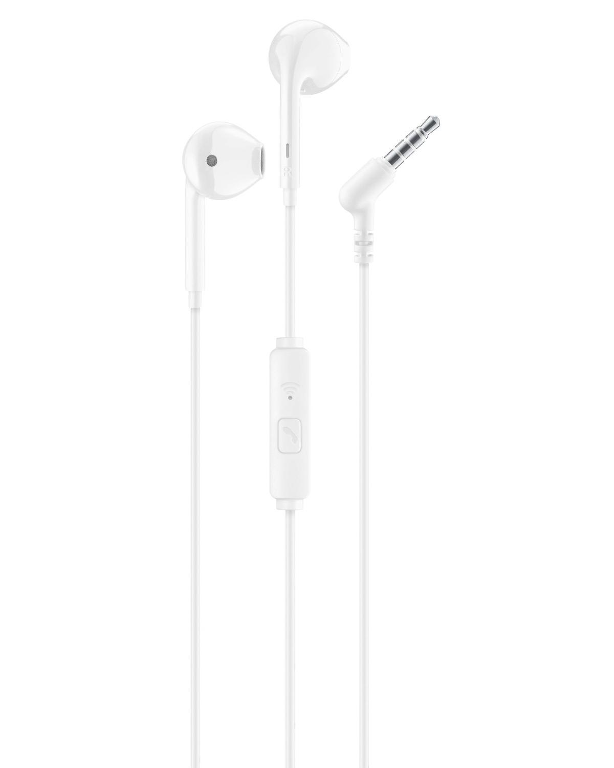 Białe słuchawki na białym tle. Widoczne są trzy słuchawki. Pilot jest wyśrodkowany na kablu.