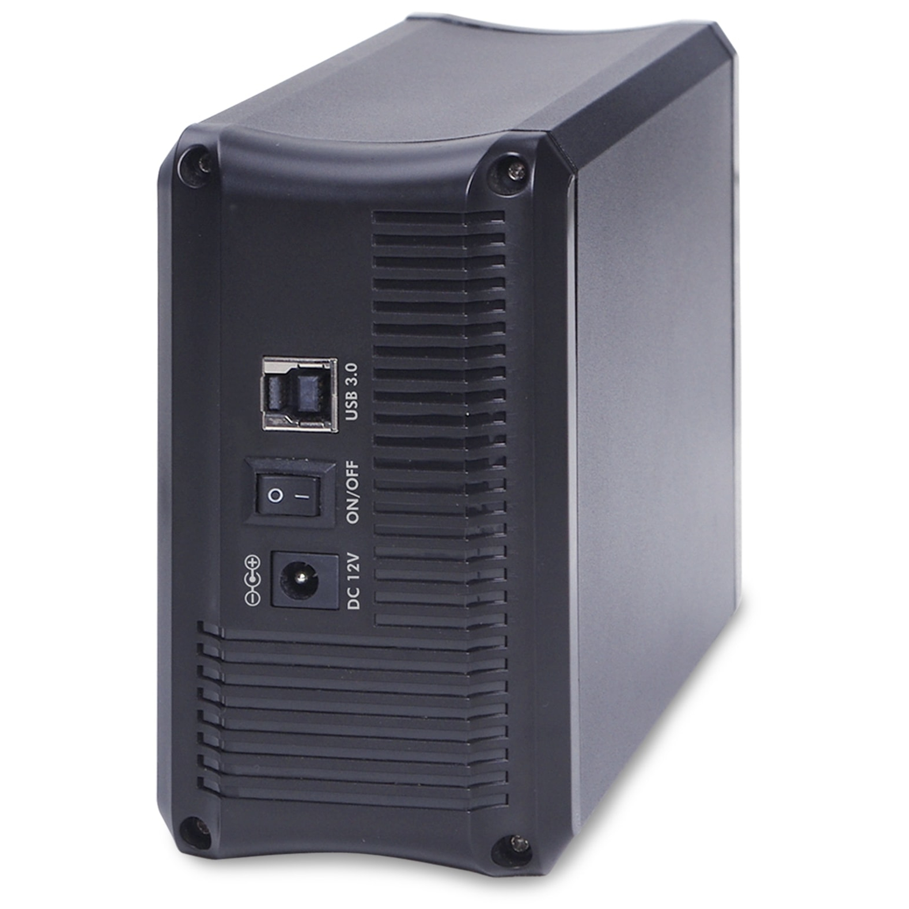 Dispositivo rettangolare nero con USB 3.0, interruttore on/off e ingresso DC 12V. Il dispositivo è su sfondo bianco.