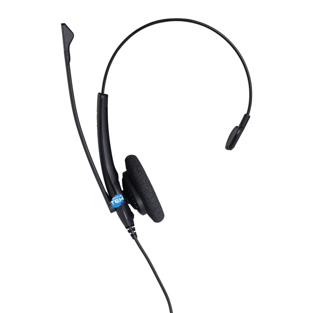 Ein schwarzes Headset mit Mikrofon. Das Headset hat einen Ohrhörer und einen Mikrofonarm. Ein Kabel erstreckt sich vom Headset. Weißer Hintergrund.
