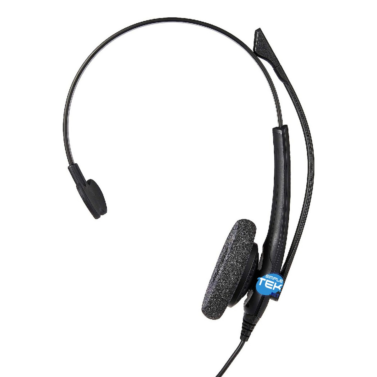 Ein schwarzes Headset mit Mikrofon und Ohrpolster. Der Markenname SIMPLE TEK ist sichtbar.