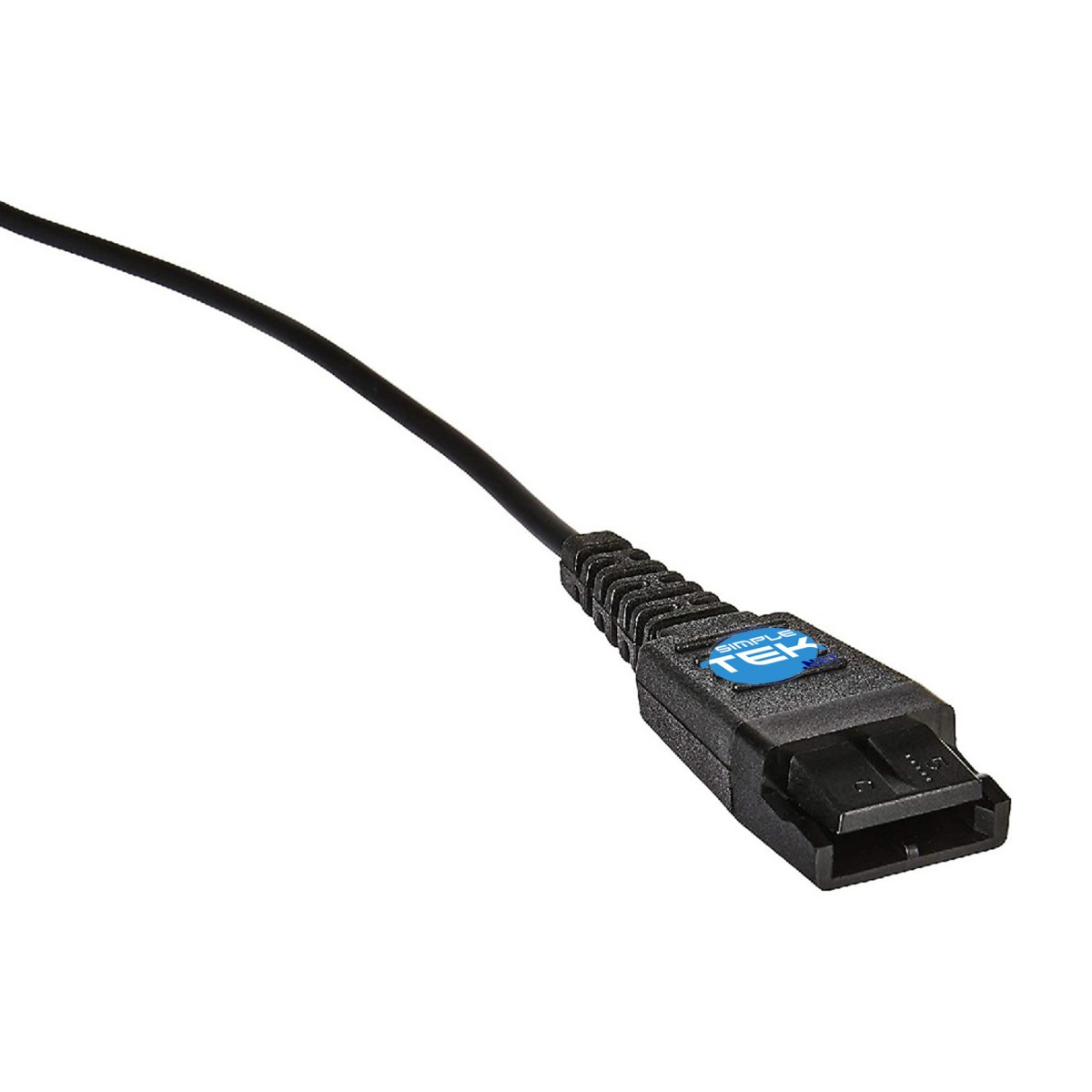 Ein schwarzes Simple Tek-Kabel mit rechteckigem Stecker. Der Stecker hat ein blau-weißes Logo. Das Kabel befindet sich auf weißem Hintergrund.