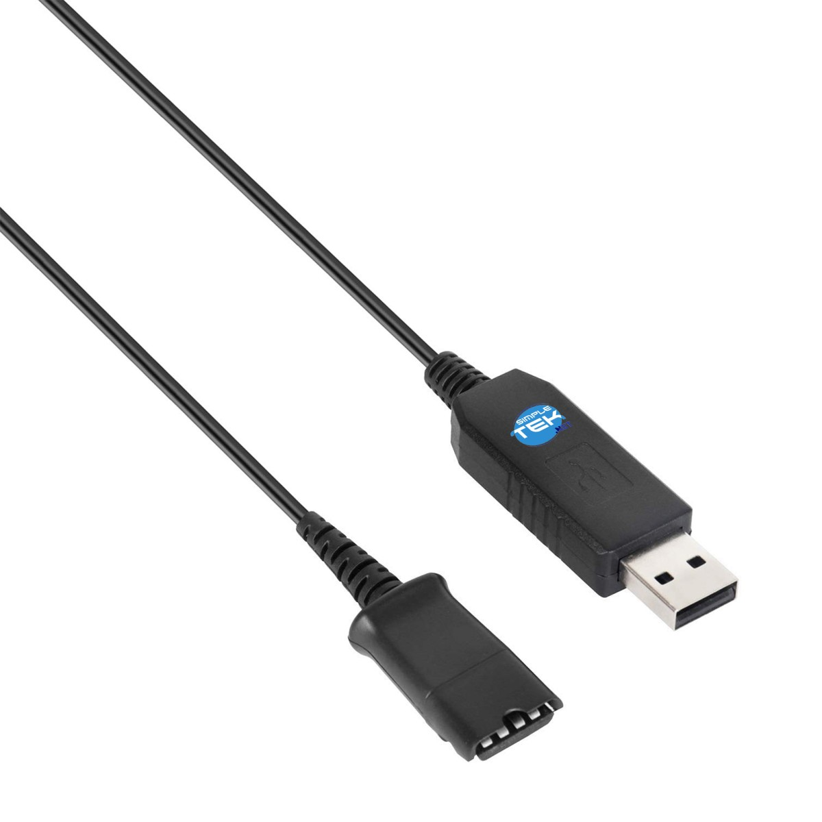 Ein schwarzes USB-Kabel mit USB- und Telefonanschluss. Der USB-Anschluss hat einen weißen Teil.