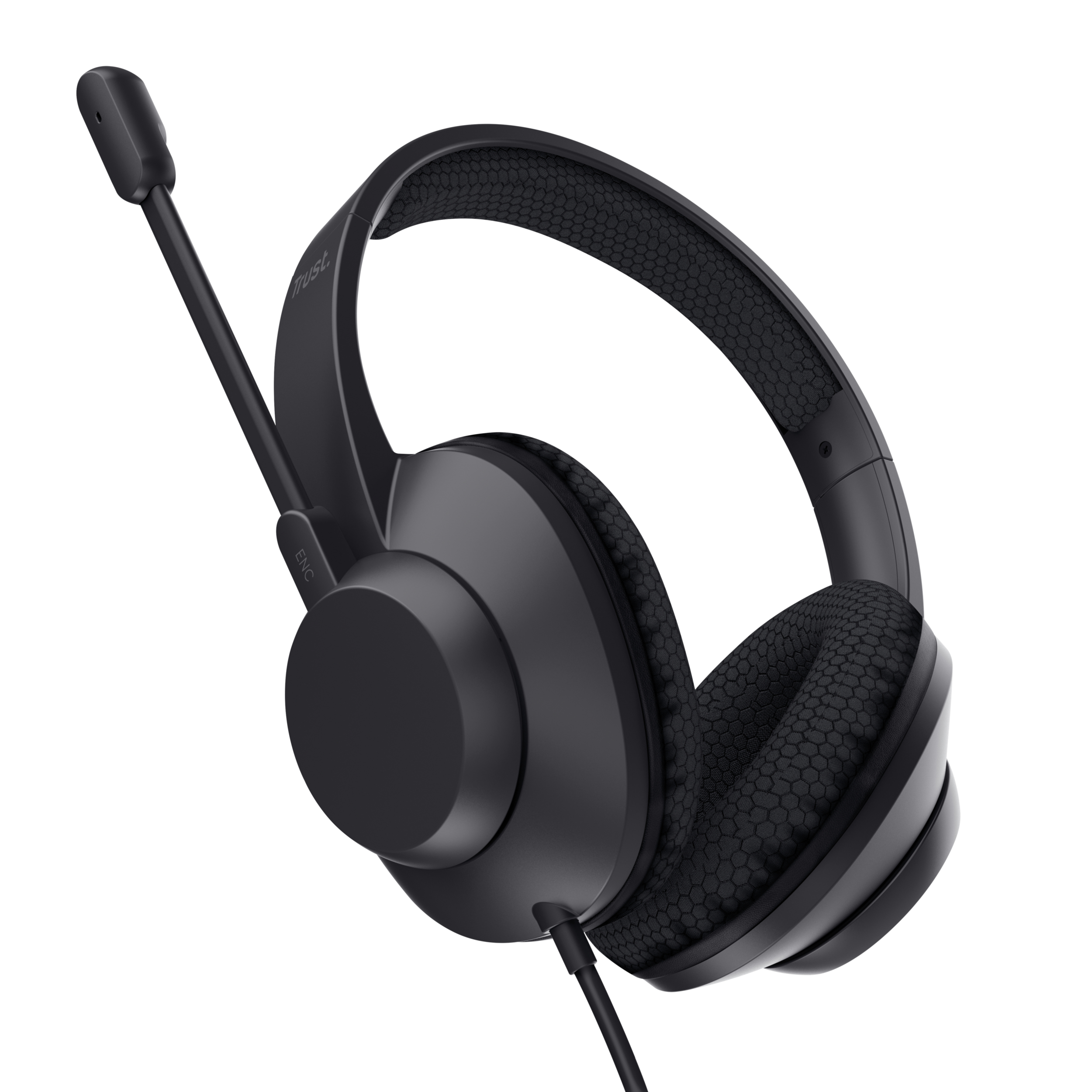 Cuffie nere con microfono. I padiglioni auricolari hanno un motivo a nido d'ape. Lo sfondo è bianco.