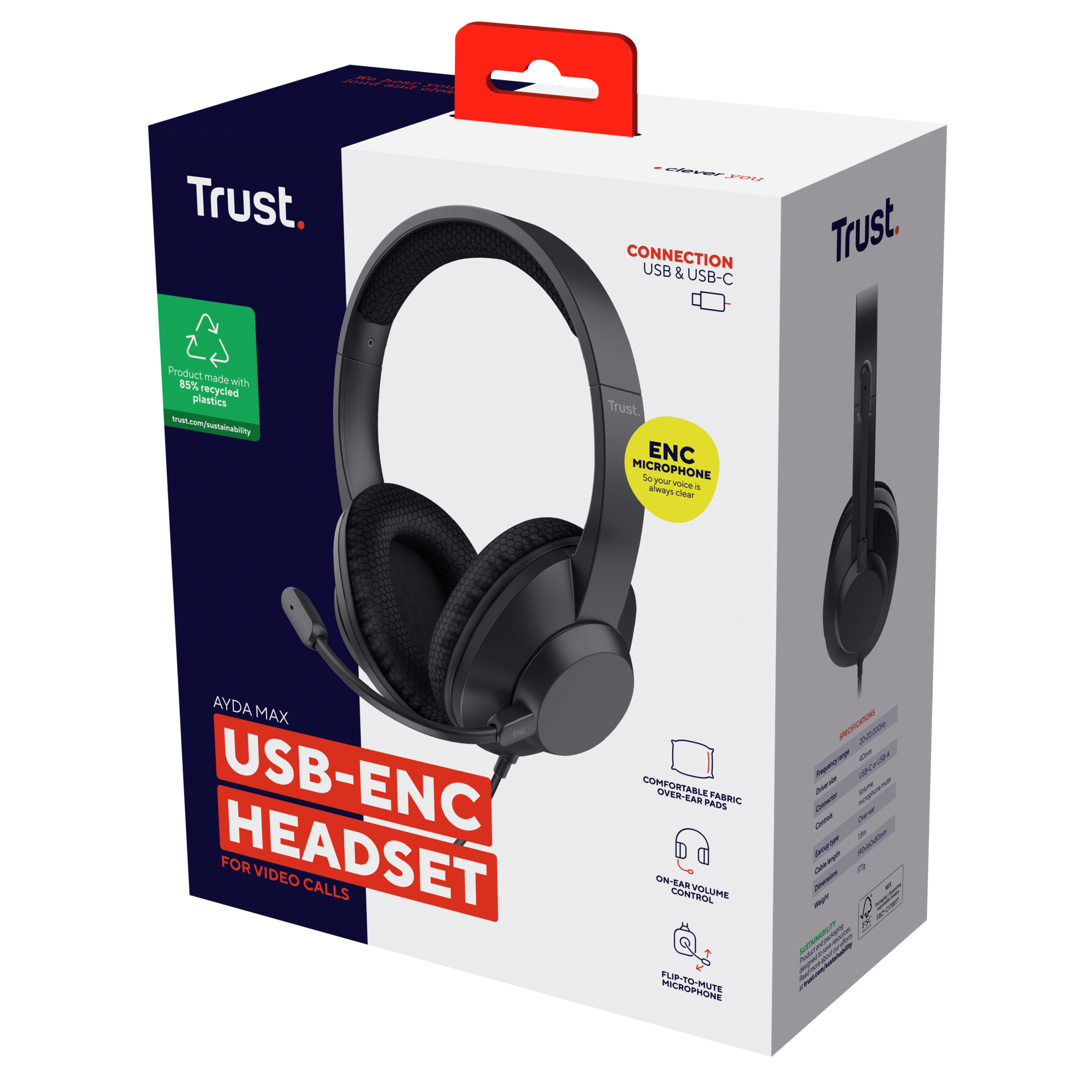 Cuffie Trust Ayda Max USB-ENC nere in scatola. Include microfono, controllo volume e cuscinetti auricolari confortevoli.