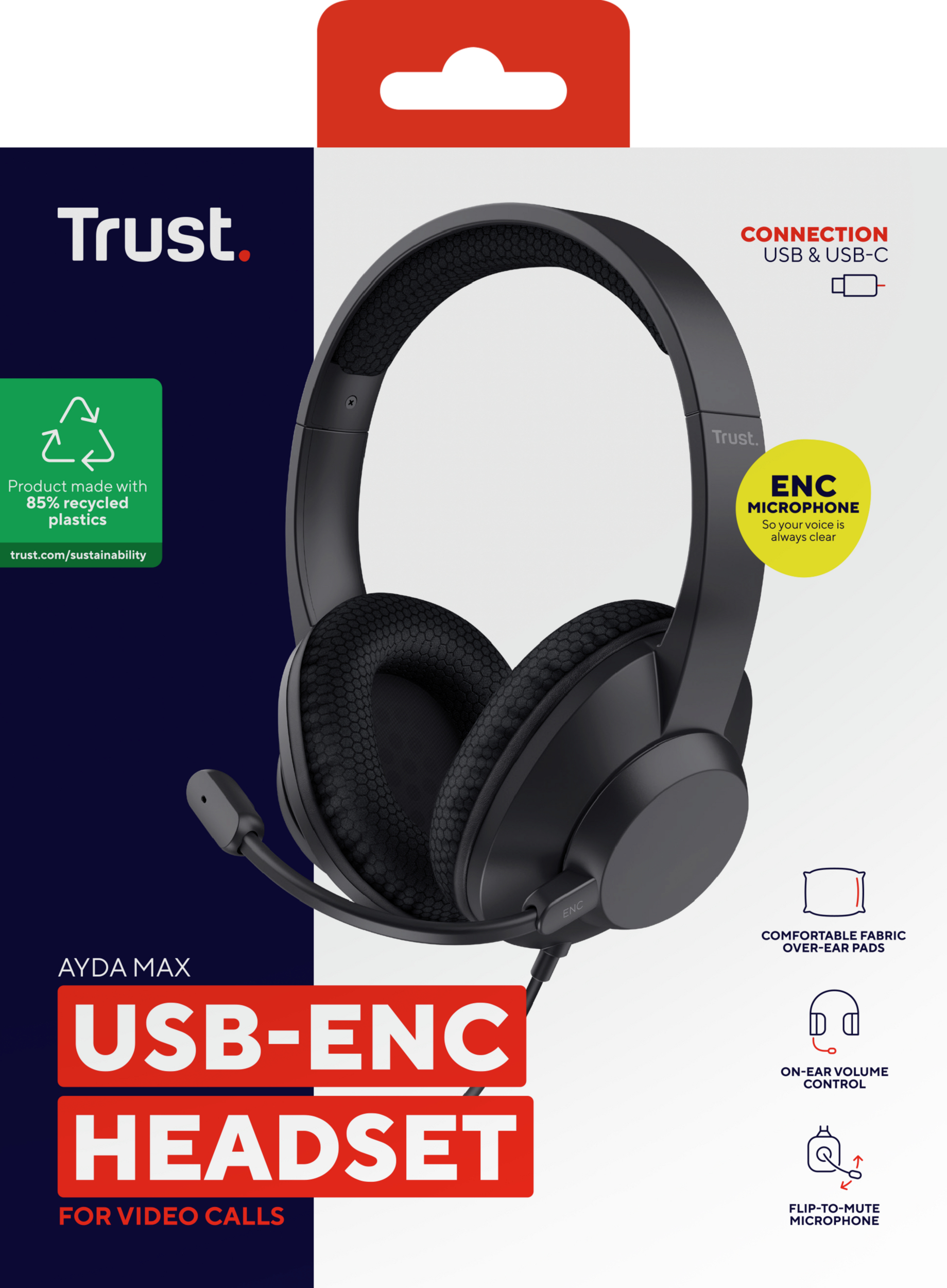 Cuffie USB-ENC Trust nere per videochiamate. Microfono ENC, volume sull'orecchio e microfono flip-to-mute.