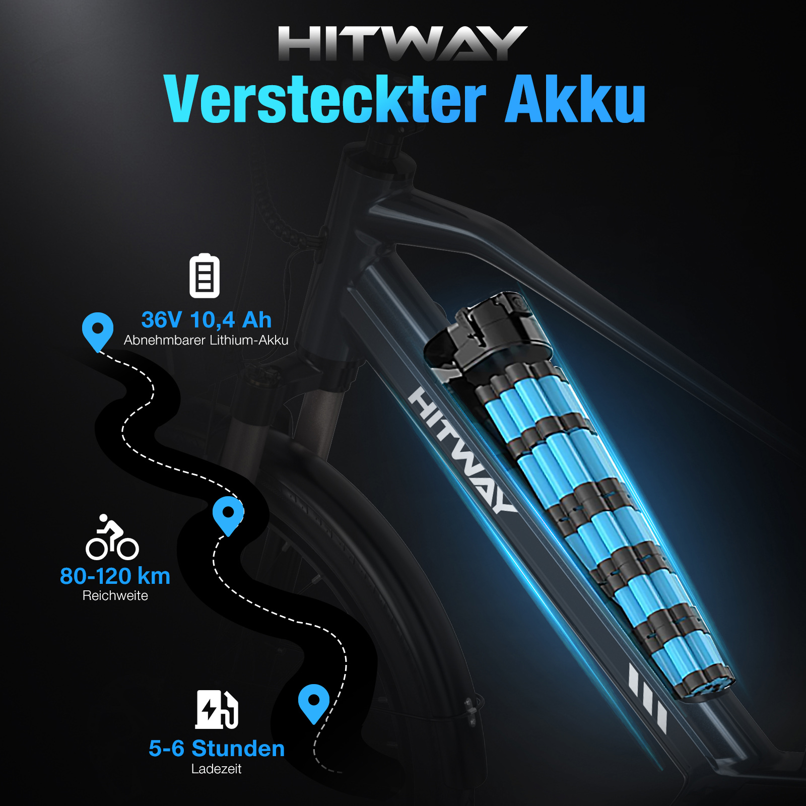 Das Bild zeigt ein E-Bike mit Batterieangaben und einem Akkupack. Text enthält 'HITWAY' und 'Versteckter Akku'.