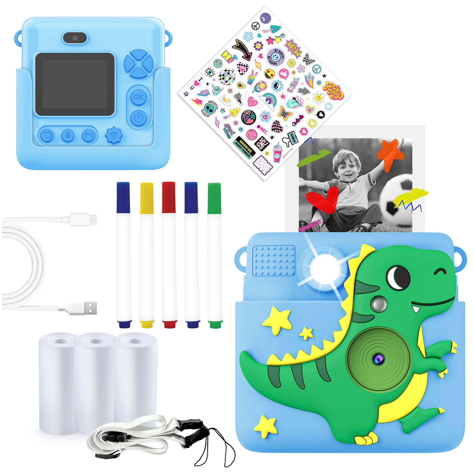 Image features a blue camera, stickers, a child holding stars, markers, film rolls, and a dinosaur camera.
