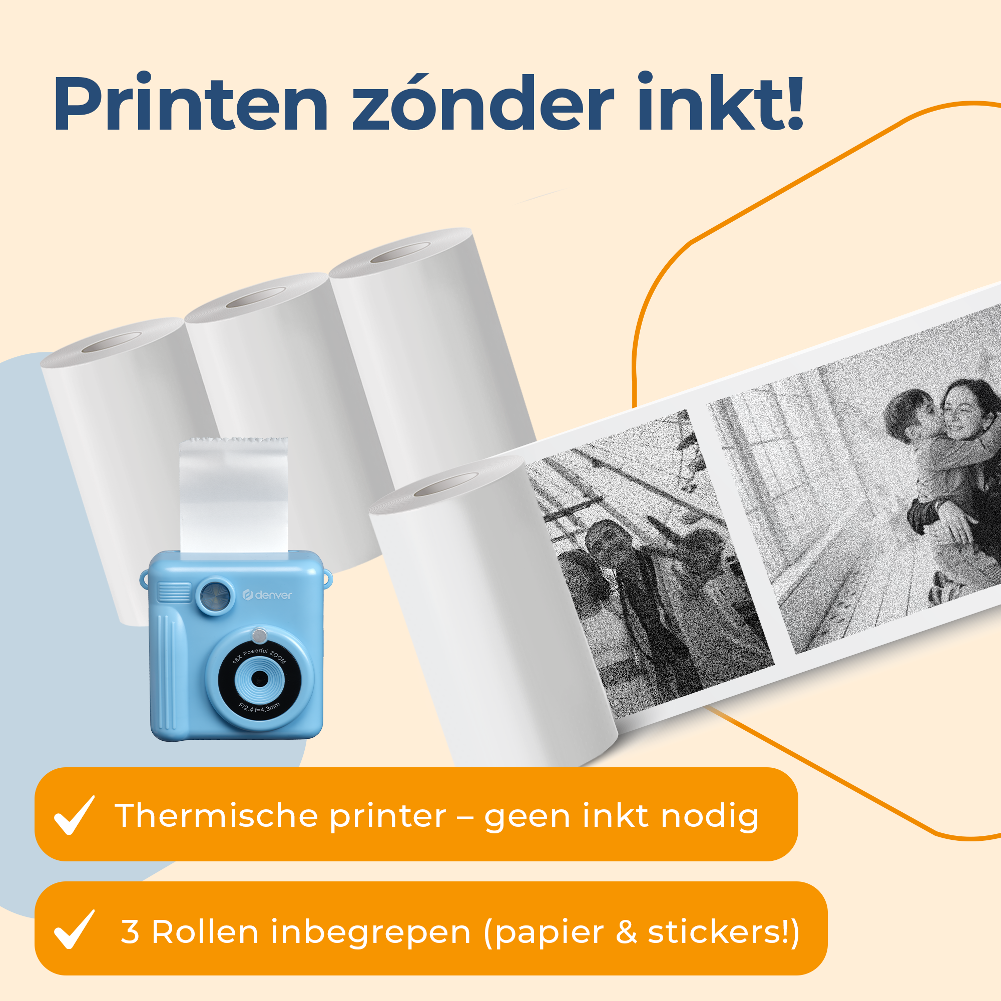 A blue thermal printer with paper rolls and printed photos. Text: Print without ink, thermal printer, and 3 rolls included.