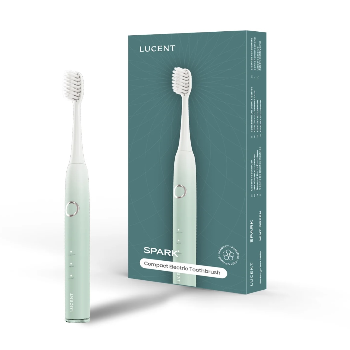 Uno spazzolino elettrico verde menta e la sua confezione, con il marchio LUCENT e SPARK. La scatola dice Spazzolino elettrico compatto.