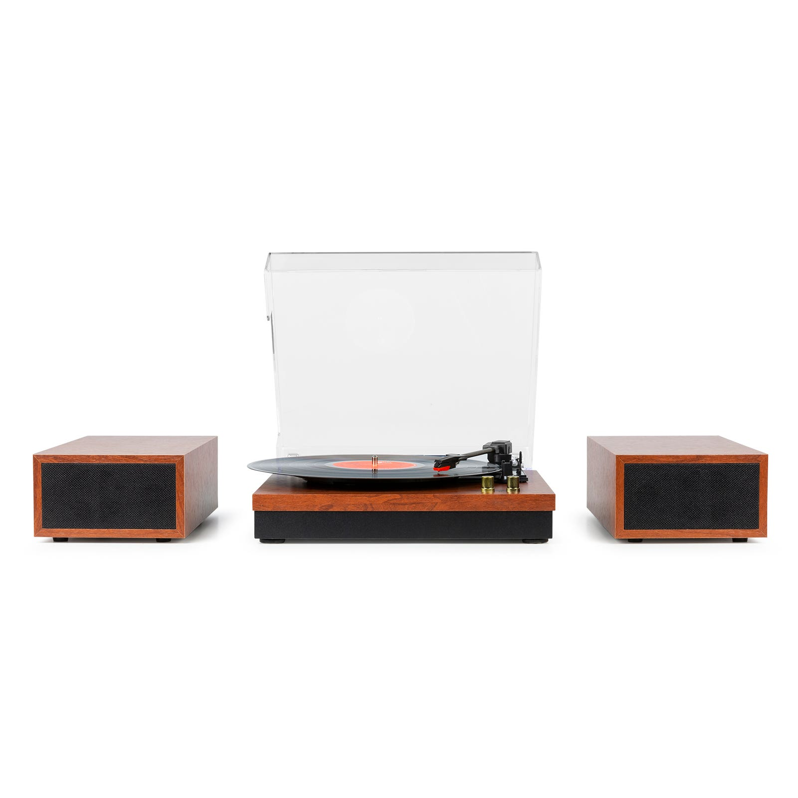 A turntable with two speakers. The turntable has a clear cover and a record on it. Speakers are wooden.