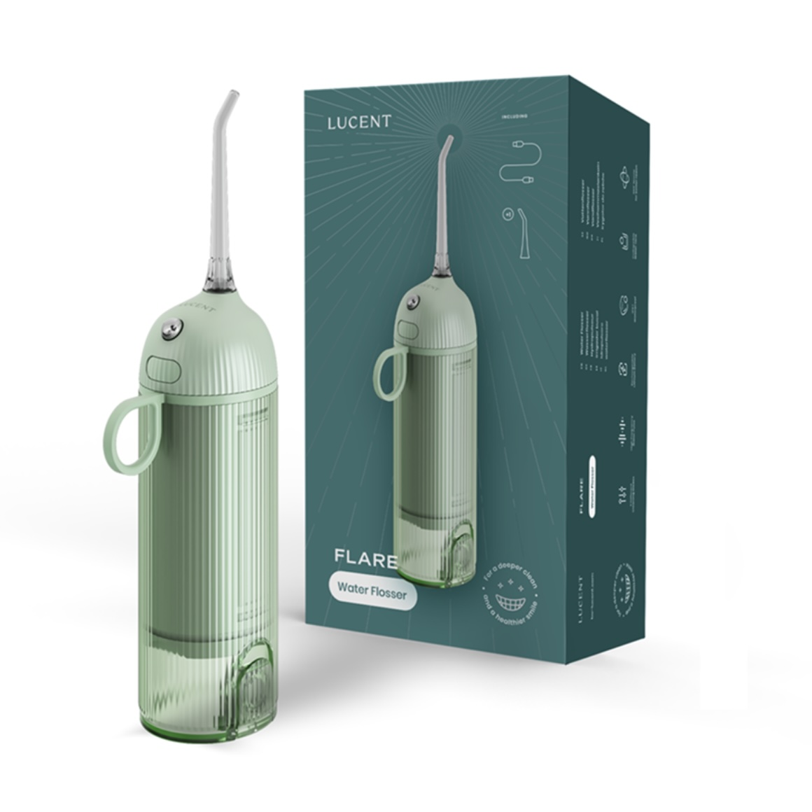 Un idropulsore verde con la sua scatola. L'idropulsore è a sinistra e ha un manico. La scatola dice 'LUCENT' e 'FLARE Water Flosser'.