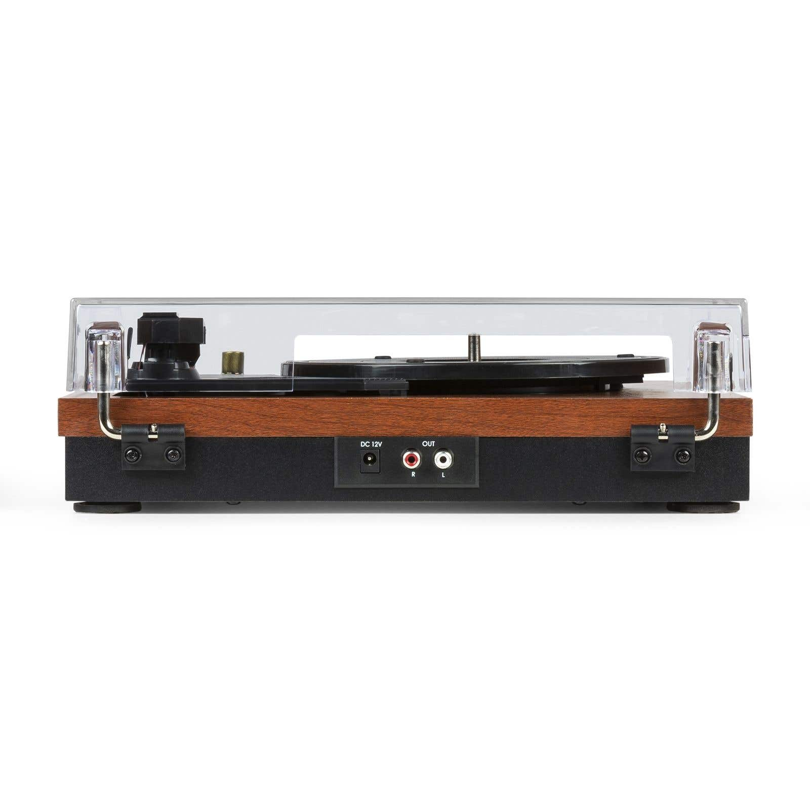 A turntable with a clear cover, wooden body, and black base. Has inputs/outputs, and a tonearm.