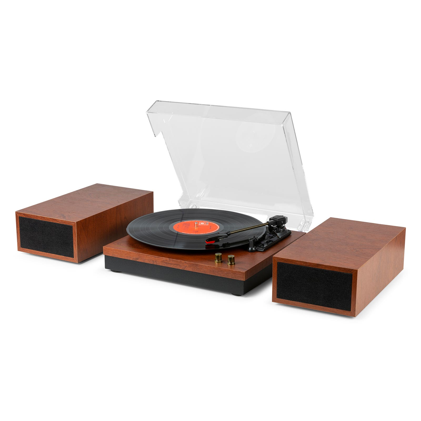 A turntable with a record, two speakers. The turntable is brown with a black record.