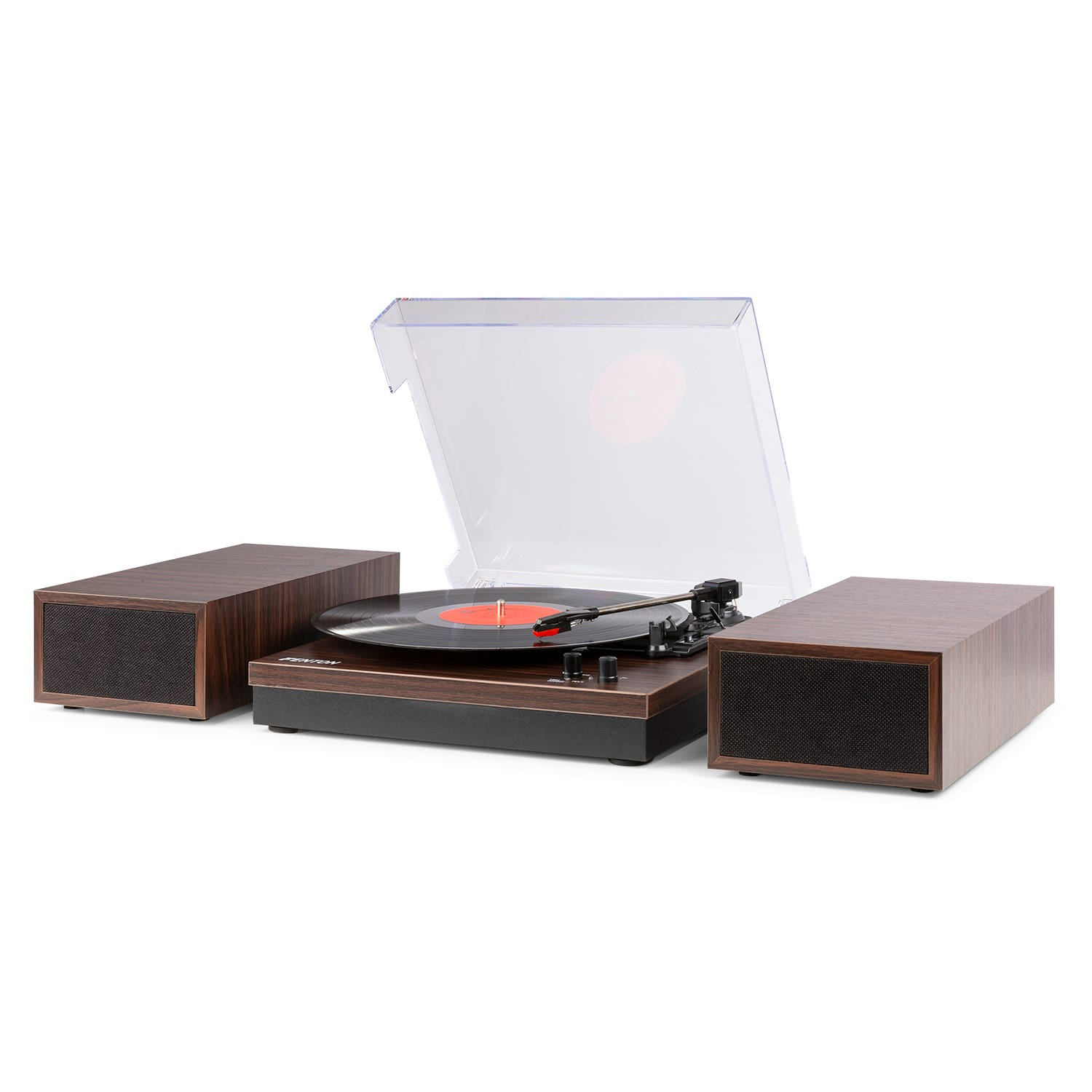 Ein Plattenspieler mit zwei Lautsprechern. Der Player hat eine transparente Abdeckung und eine rote Vinyl-Schallplatte.
