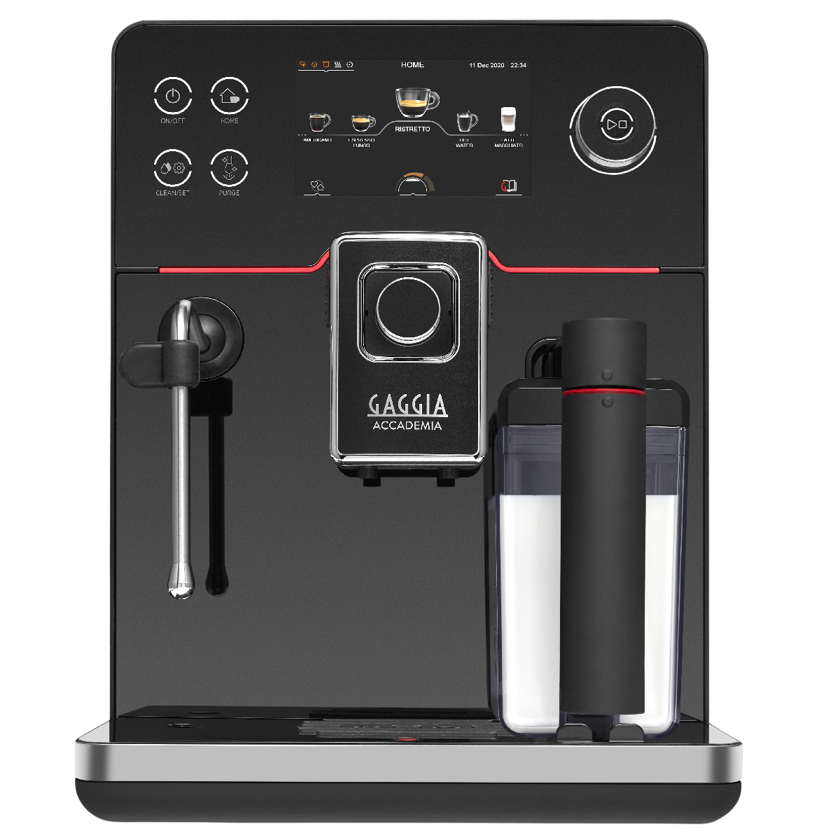 Eine schwarze Gaggia Accademia Espressomaschine mit Milchaufschäumer und Digitaldisplay mit Getränkeoptionen.