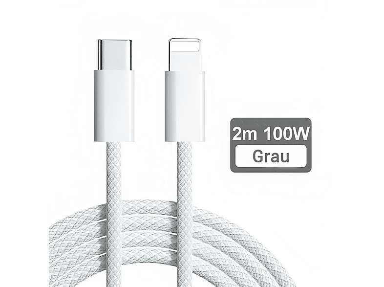 XTREMES für iPhone mit Lightning, iPhone 14, 13, 12 (Pro-Max-Mini), SE, 11, XS, X, XR, 8, iPad, Fast Charge, USB-C-Kabel, 2 m, Grau