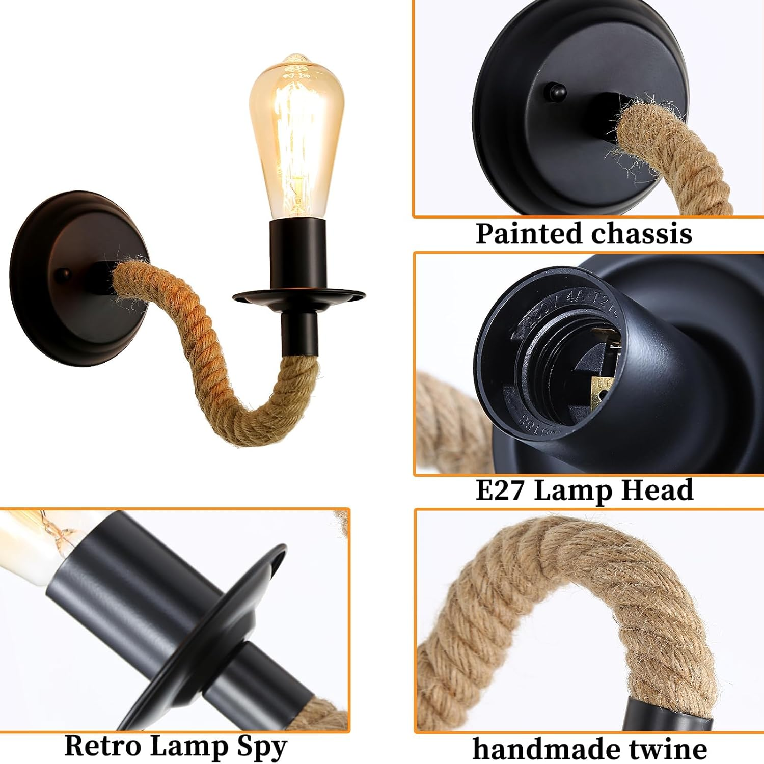 Eine Vintage-Wandlampe mit Glühbirne. Sie verfügt über ein schwarzes Gehäuse, ein Seil und ein Retro-Lampendesign.