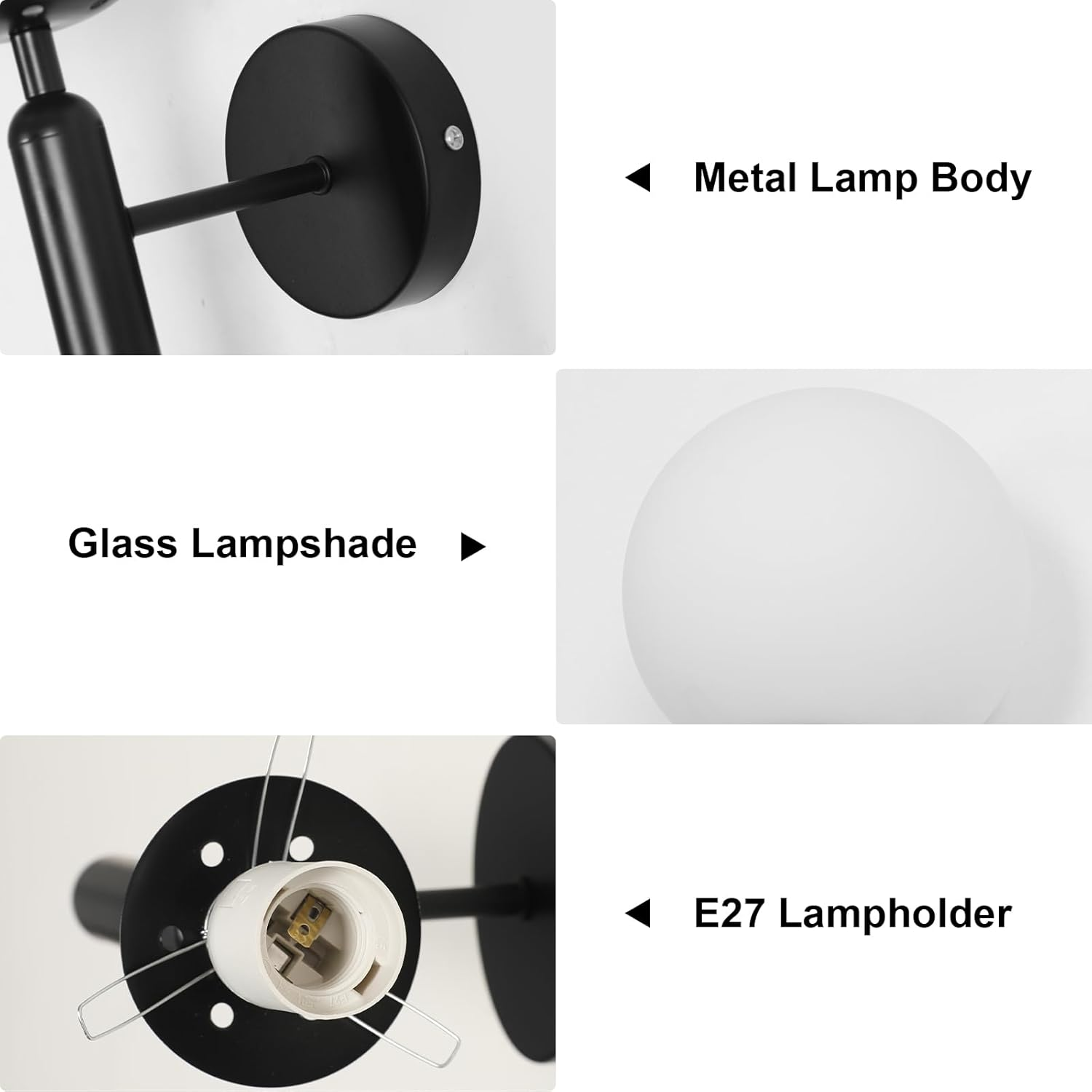 Das Bild zeigt einen schwarzen Metalllampenkörper, einen Glasschirm und einen E27-Lampenhalter. Die Lampenteile sind vor weißem Hintergrund angeordnet.