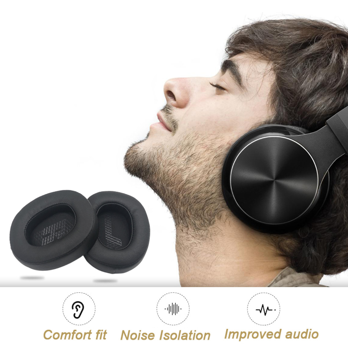 Mężczyzna w słuchawkach. Pokazano dwie zapasowe wkładki do uszu. Ikony poniżej mówią: Wygodne dopasowanie, Izolacja szumów i Ulepszone audio.