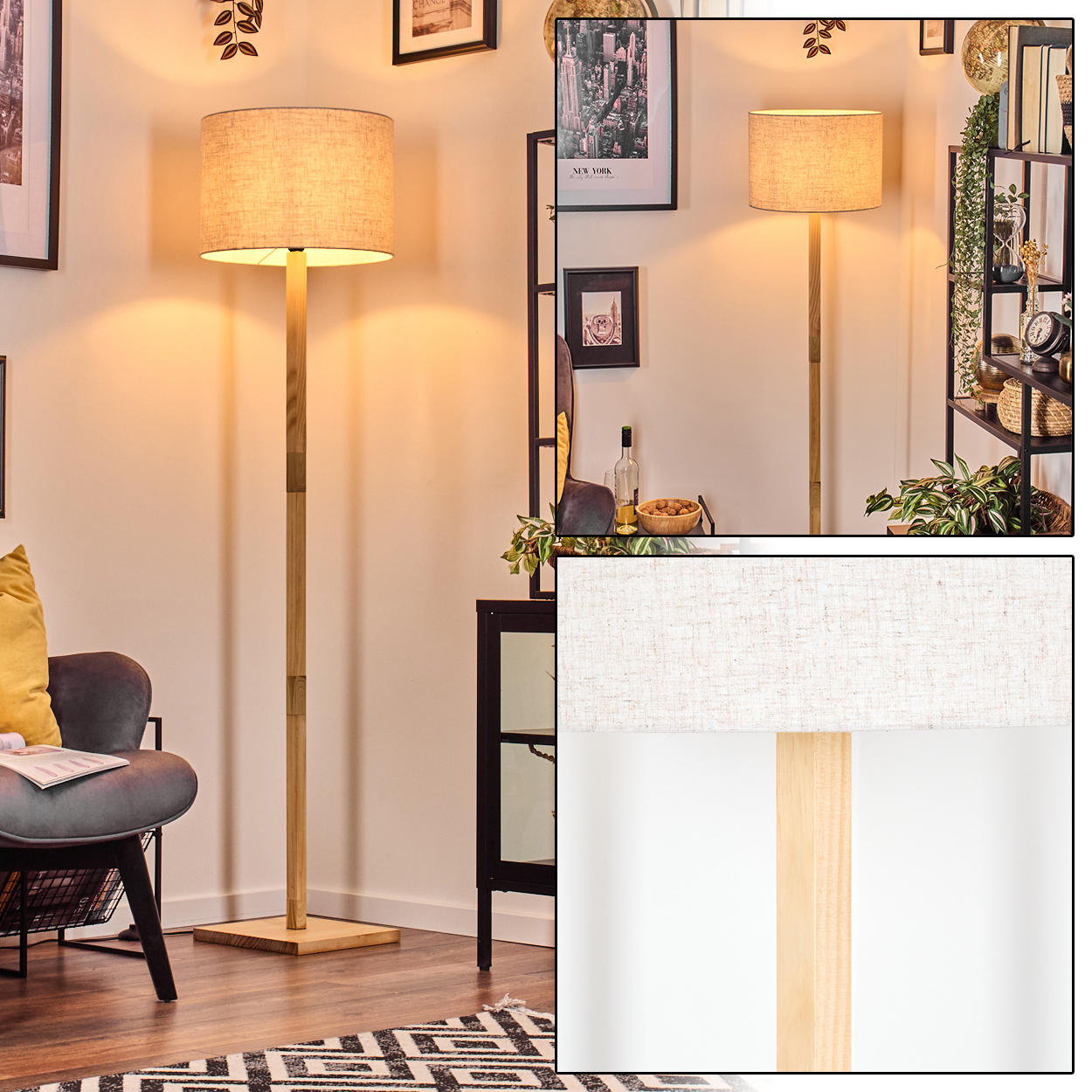 Ein beiger Lampenschirm sitzt auf einer Holzlampe. Ein grauer Stuhl, Kunstwerke und ein gemusterter Teppich sind im Raum zu sehen.