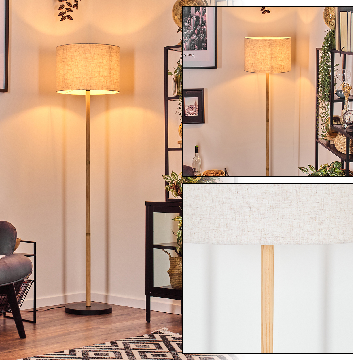 Eine Stehlampe mit beigem Lampenschirm und Holzstiel steht in einem Raum. Hintergrund hat Regale, Pflanzen und Kunst.