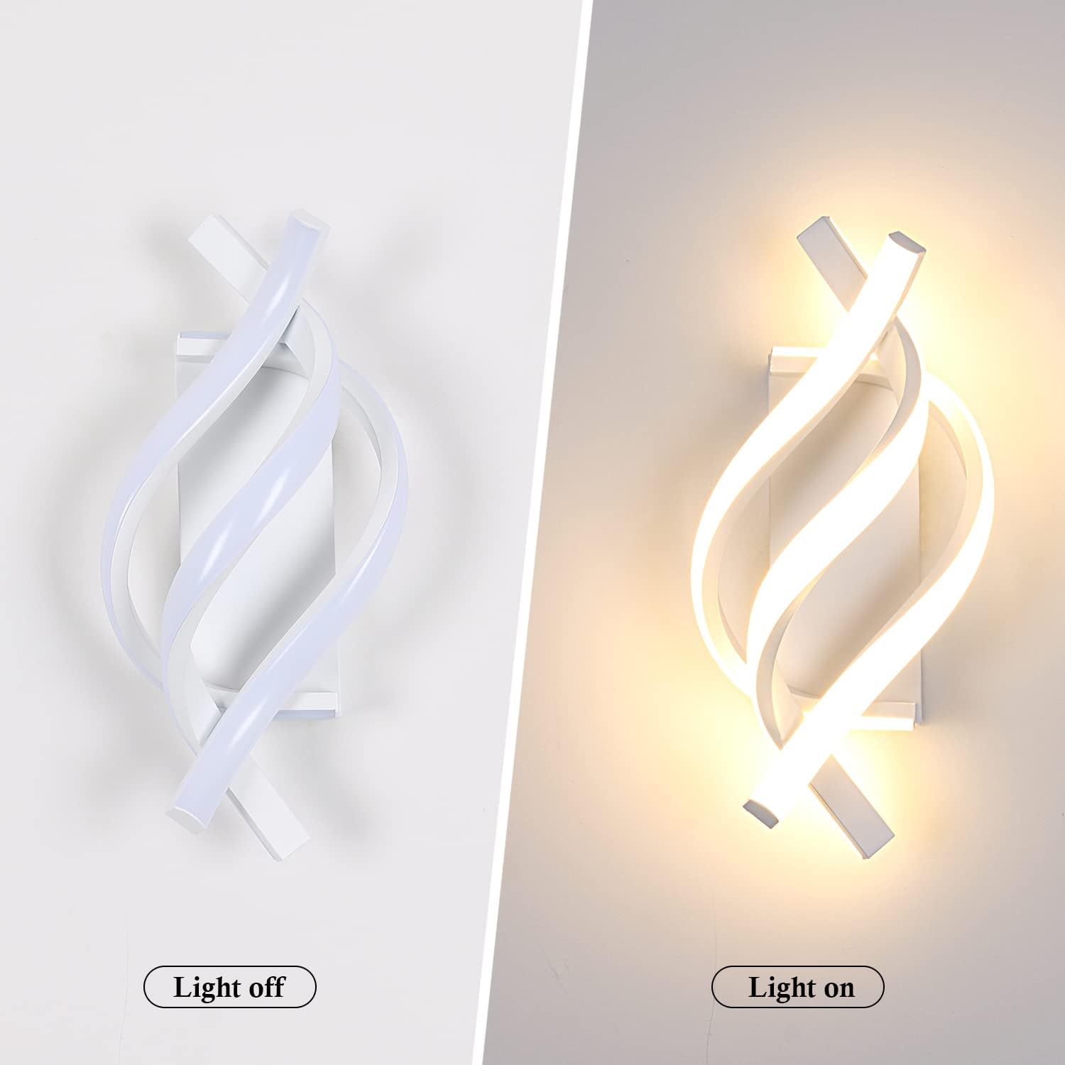Eine weiße Wandlampe mit wellenförmigem Design. Links ist das Licht aus, rechts an und strahlt warmes Licht aus.