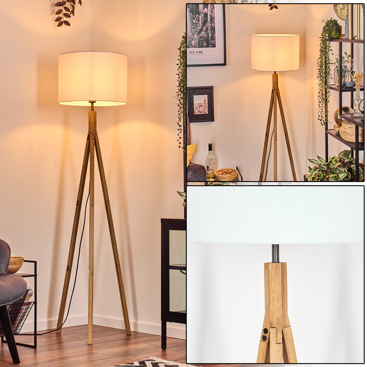 Eine hölzerne Stativ-Stehlampe mit weißem Lampenschirm steht in einem Raum. Im Hintergrund sind Regale, Pflanzen und Dekoration zu sehen.