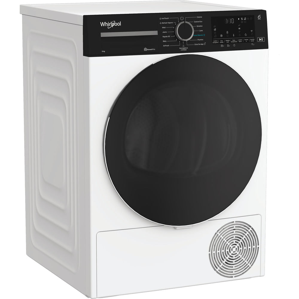 Un'asciugatrice Whirlpool bianca con porta e pannello comandi neri. Ha un display digitale e una griglia di ventilazione circolare.