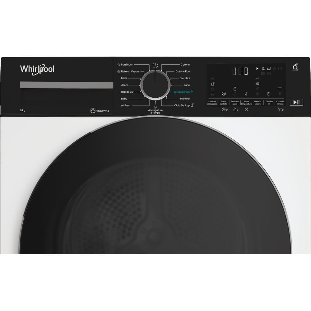 Un'asciugatrice Whirlpool bianca con porta nera. Ha un pannello di controllo con pulsanti e un display digitale che mostra 8:10.