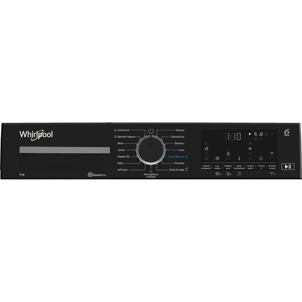 Pannello comandi nero lavatrice Whirlpool con varie opzioni e display digitale.