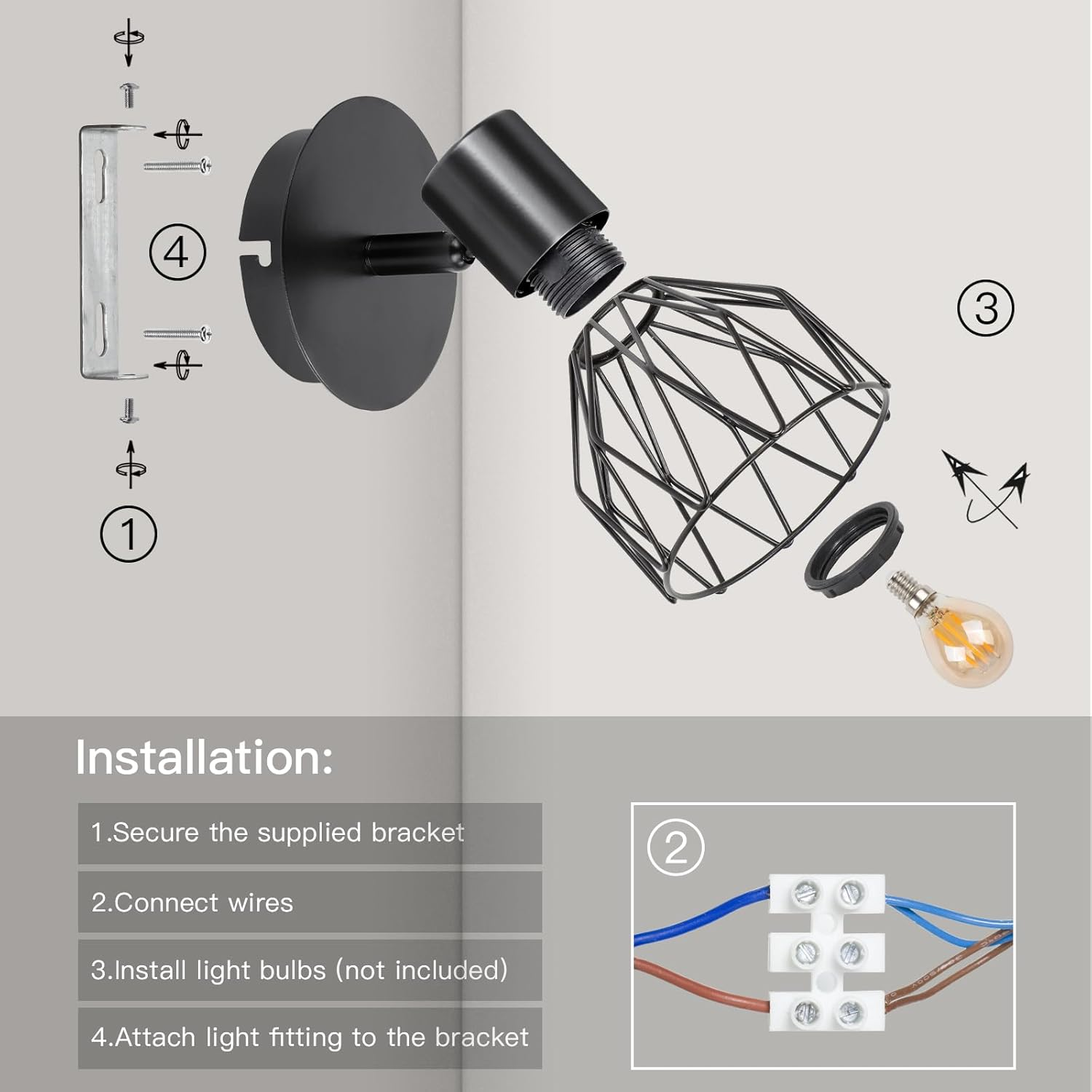 Diagramm zeigt Lampenteile und Installationsschritte: Halterung, Drähte, Glühbirne und Käfig. Anweisungen beschreiben die Sicherung der Halterung und das Anschließen der Drähte.