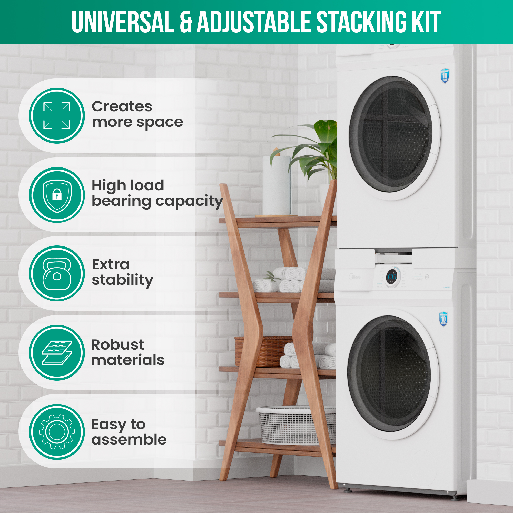 Stacked white washer and dryer, wooden shelf with towels and a plant, and icons about the product features.